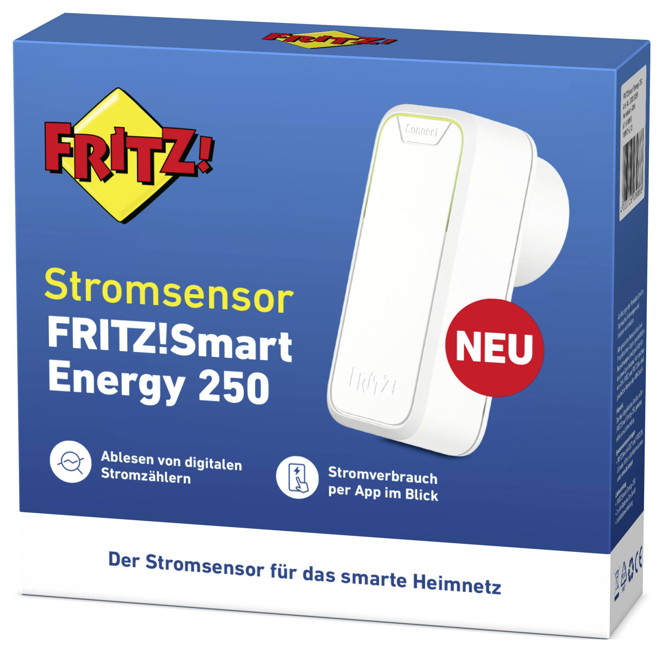 'FRITZ!Smart Energy 250' Stromsensor Verpackung mit prominenter Abbildung des Geräts. Bietet Stromverbrauchsanzeige per App.