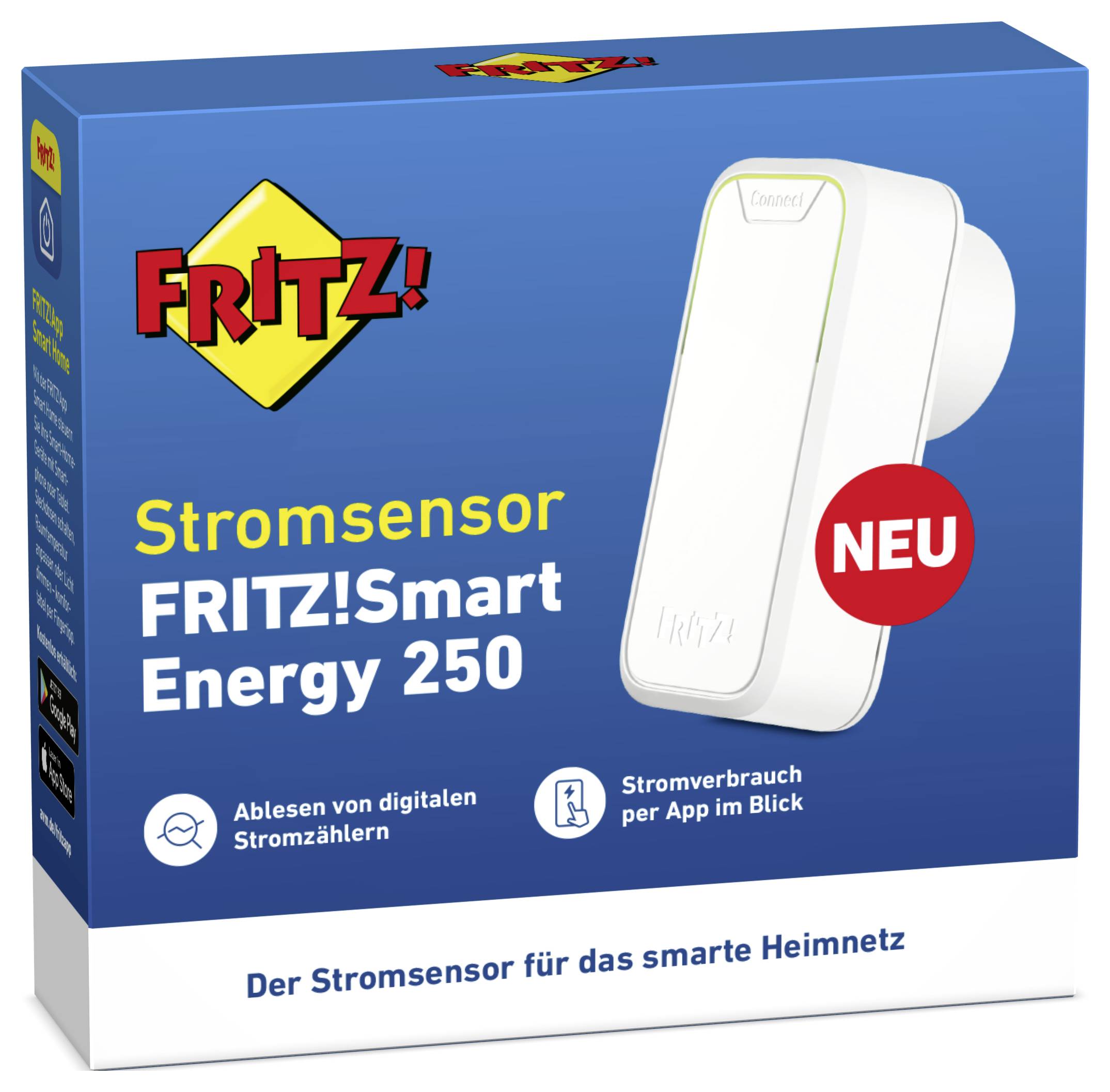 Verpackung des FRITZ!Smart Energy 250 Stromsensors. Aufschrift: 'Stromsensor für das smarte Heimnetz', 'Ablesen von digitalen Stromzählern'.