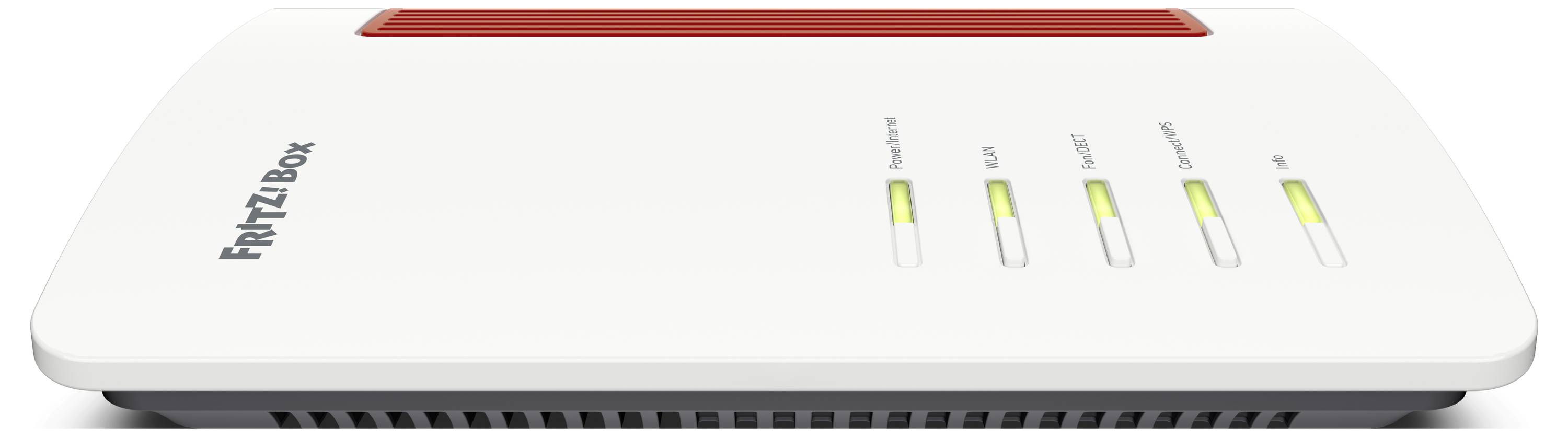 Ein Router mit der Aufschrift 'FRITZ!Box'. Auf der Vorderseite befinden sich vier beleuchtete LED-Anzeigen für Verbindungen.