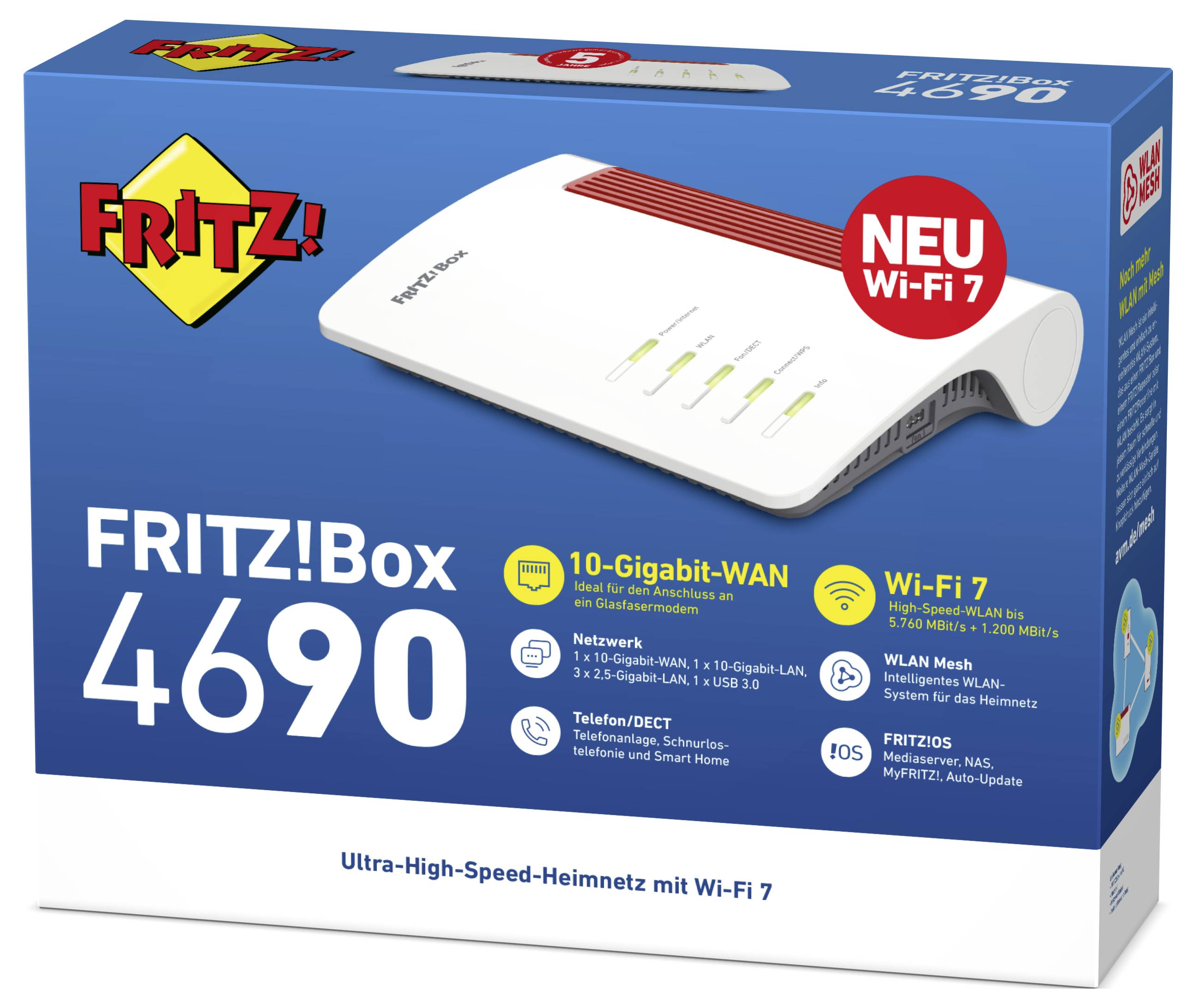 WLAN-Router-Verpackung mit der Aufschrift 'FRITZ!Box 4690'. Features: 10-Gigabit-WAN, Wi-Fi 7, DECT-Telefonie, Mesh-Wi-Fi-Unterstützung.