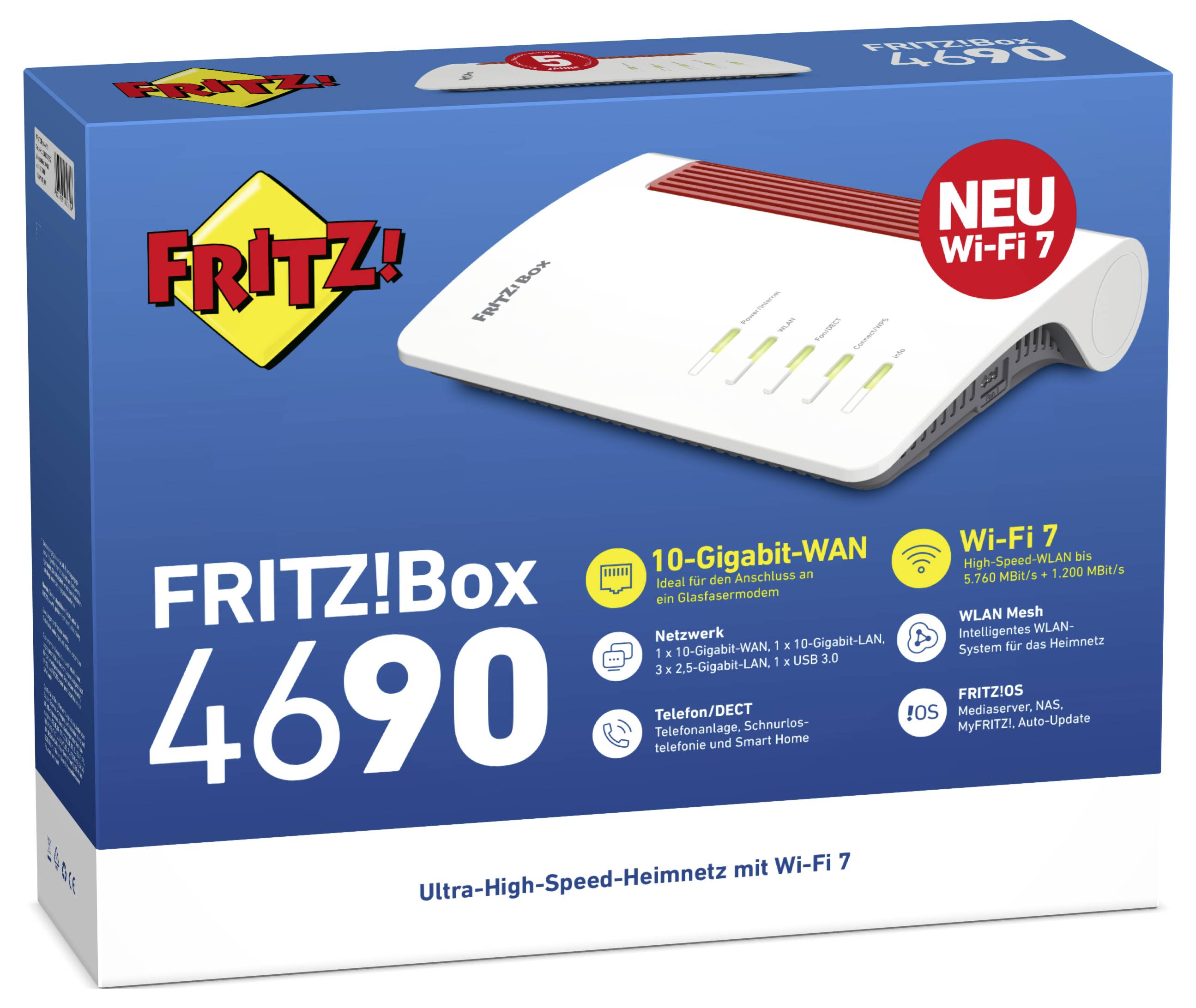 FRITZ!Box 4690 Verpackung zeigt Router mit Wi-Fi 7, 10-Gigabit-WAN. Text 'Ultra-High-Speed-Heimnetz mit Wi-Fi 7'.