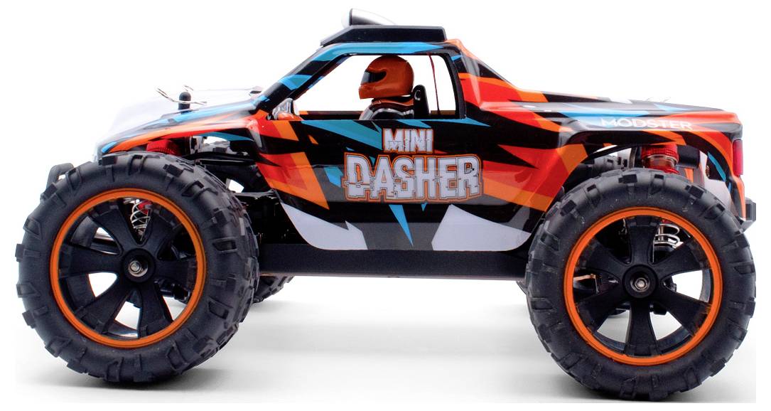 'RC Mini Dasher' ferngesteuertes Auto in bunten Farben, seitliche Ansicht. Große Reifen für Offroad-Fahren, sportliches Design.