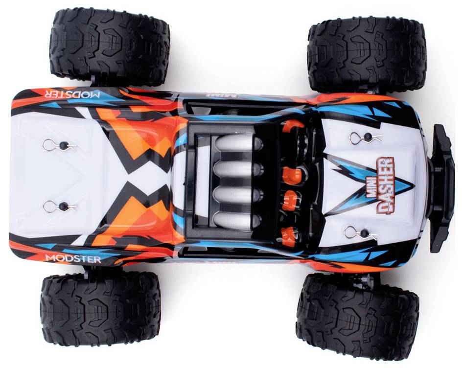 Spielzeugauto aus der Vogelperspektive, mit leuchtendem Design in Orange, Weiß und Schwarz. Große, grobstollige Räder für Offroad.