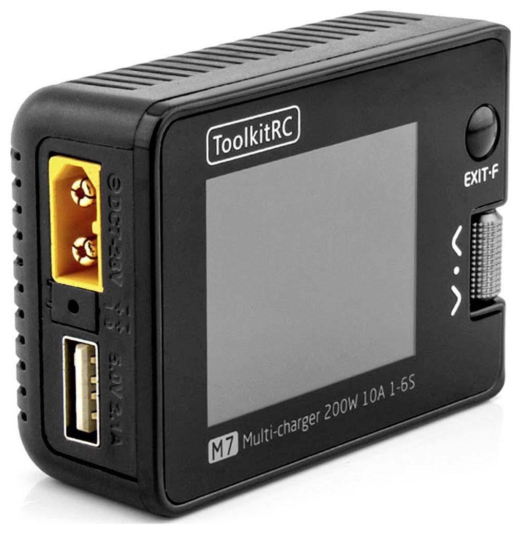 Ein ToolkitRC M7 Multi-Ladegerät mit Display, USB-Anschluss und XT60-Anschluss, geeignet für 1-6S Batterien mit bis zu 200W.