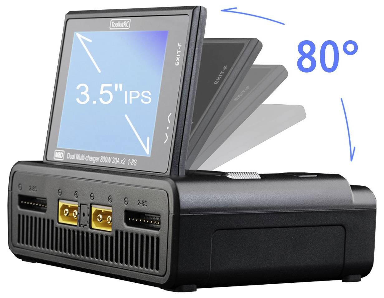 Ein Ladegerät mit einem 3,5-Zoll-Display, das sich um 80 Grad klappen lässt. Es zeigt verschiedene Anschlussmöglichkeiten vorne.