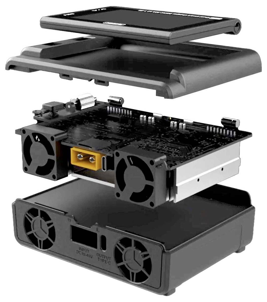 Zerlegtes elektronisches Gerät bestehend aus Display, Schaltkreis mit Lüftern und Basiseinheit. Zeigt interne Komponenten und Aufbau.