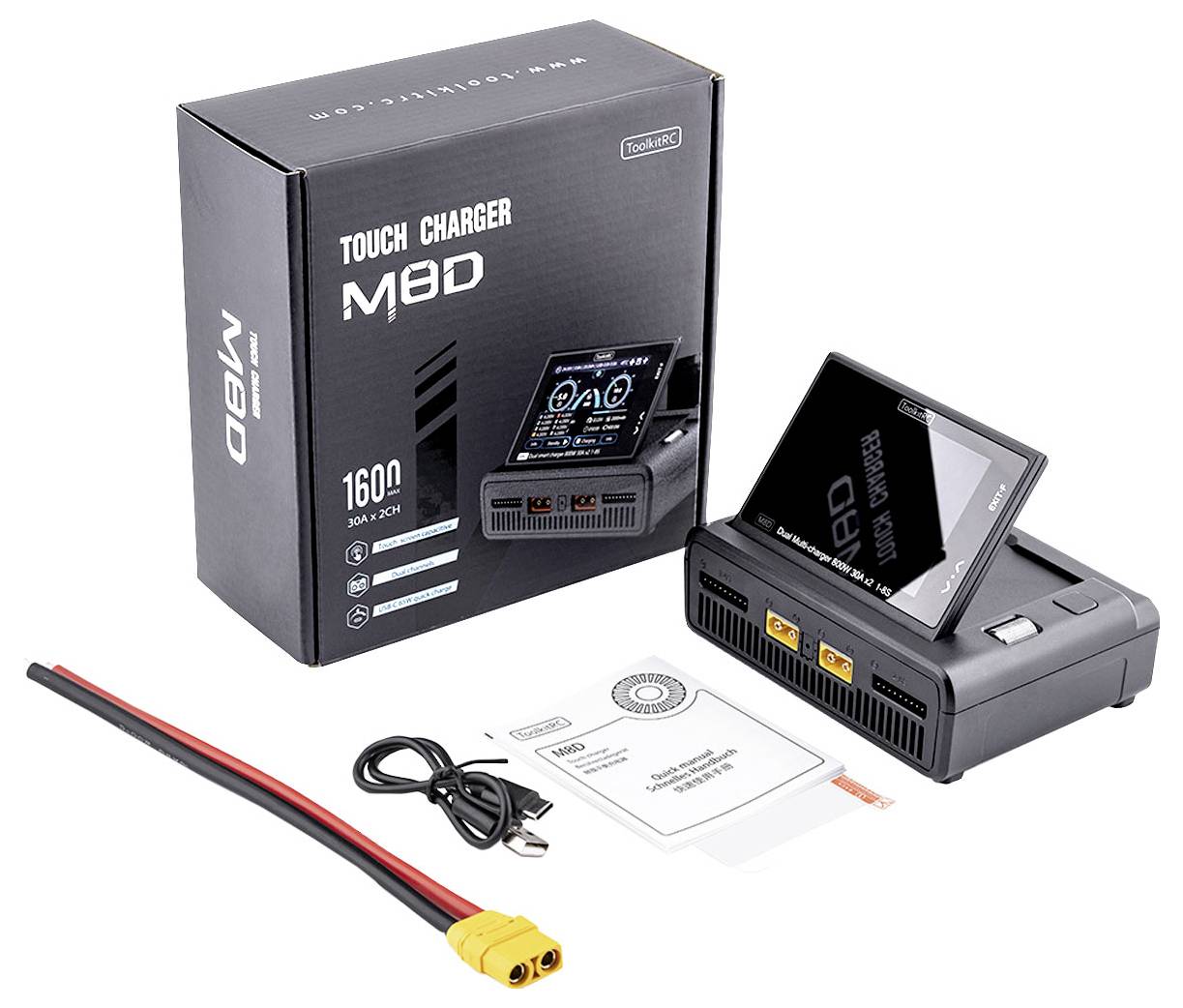 'Touch Charger M8D' Ladegerät-Set mit Box, Ladegerät, Kabeln und Handbuch. Geeignet für 30A, 1600W. Anzeige mit Touchscreen.