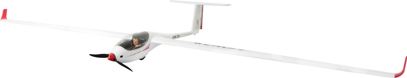 Segelflugzeugmodell mit roter Spitze und gewendeter Nase.