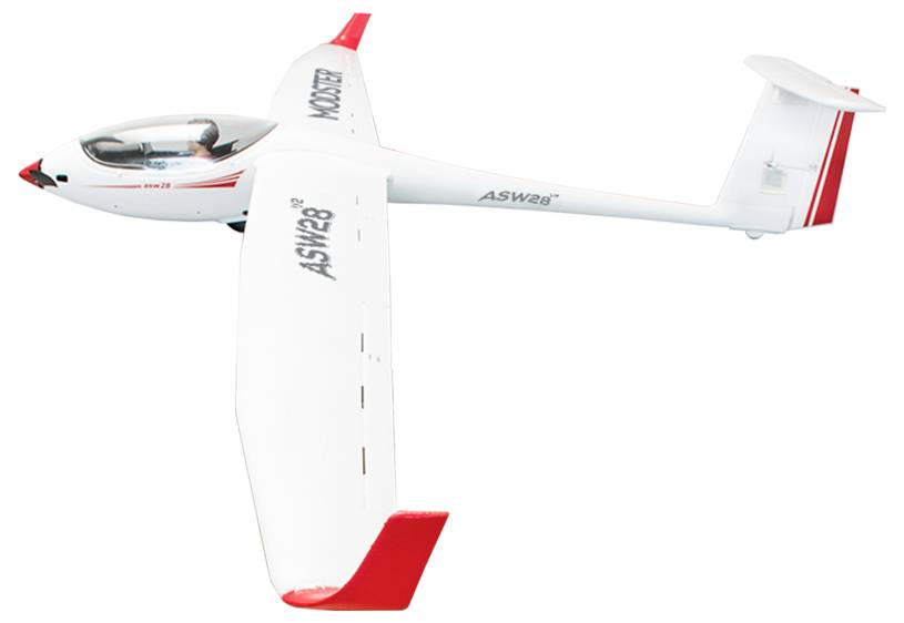 Ein weißes Segelflugzeug mit roten Akzenten in der Luft. Auf dem Flügel steht 'ASW28'.