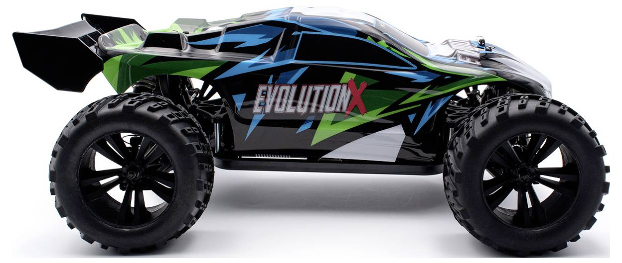 Ferngesteuertes Auto mit robusten Reifen, schwarzem, blauem und grünem Design, seitlich mit 'Evolution X' beschriftet.