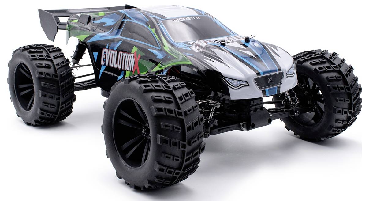 Ein ferngesteuertes Auto mit großen Reifen und sportlichem Design in Schwarz-Blau mit dem Aufdruck 'EVOLUTION' auf der Seite.