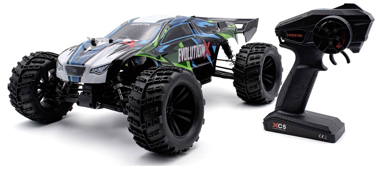 Ferngesteuertes Auto in dynamischem Design mit großen Reifen, neben einer schwarzen Fernbedienung. Modellauszeichnung 'Evolution X'.