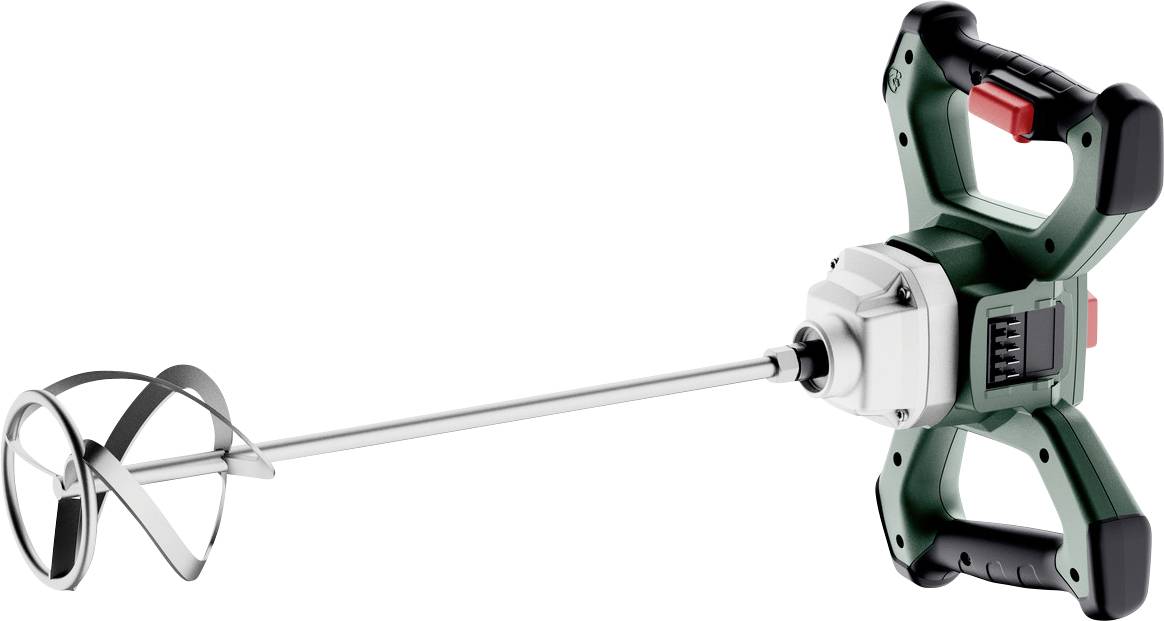 Ein elektrischer Mörtelrührer mit grünem und schwarzem Gehäuse, ergonomischen Griffen und einer Metallschnecke zum Mischen von Materialien.