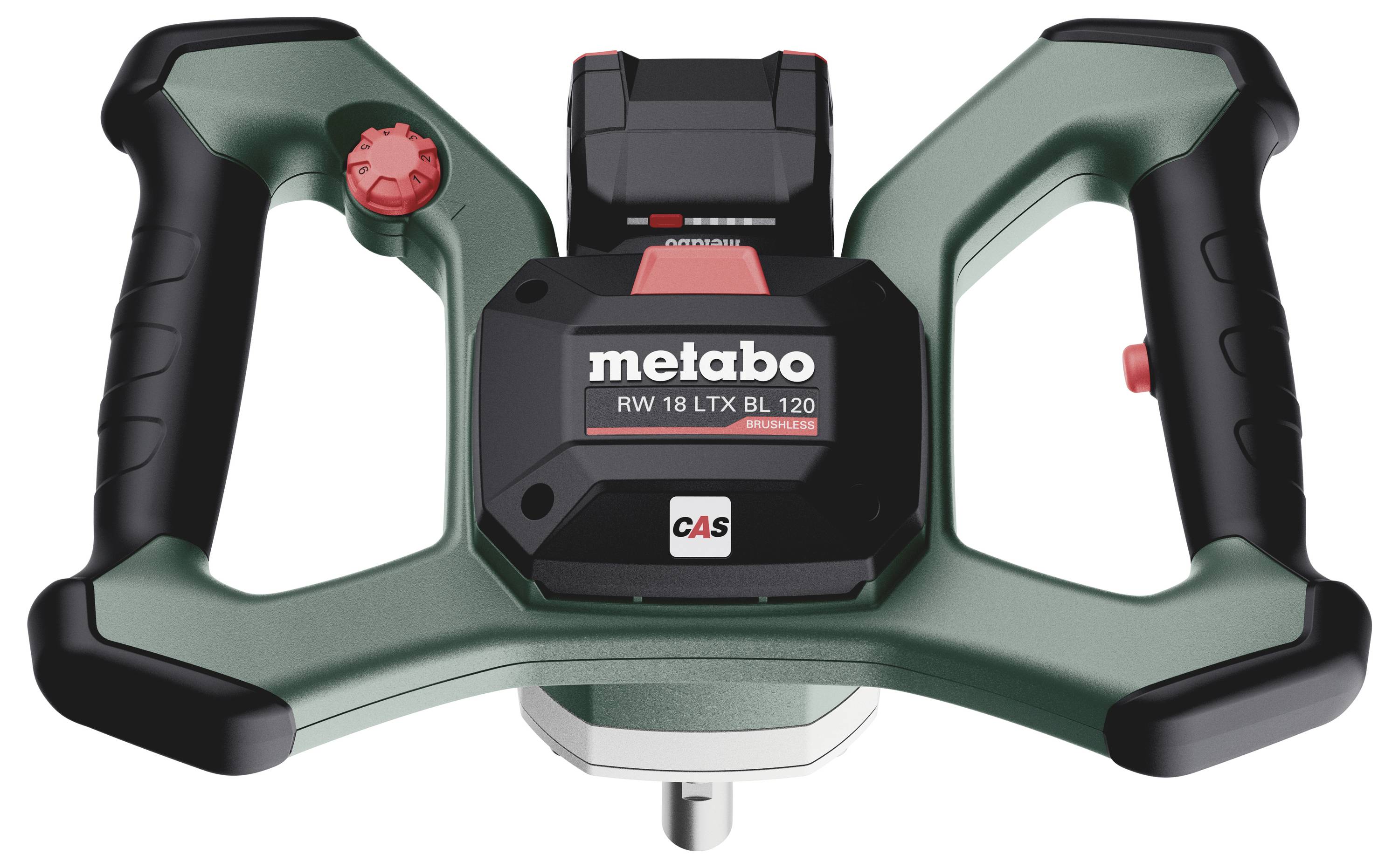 Metabo Rührwerk RW 18 LTX BL 120 in dunklem Gehäuse mit zwei Griffen und rotem Drehknopf, geeignet für Mischeinsätze auf Baustellen.