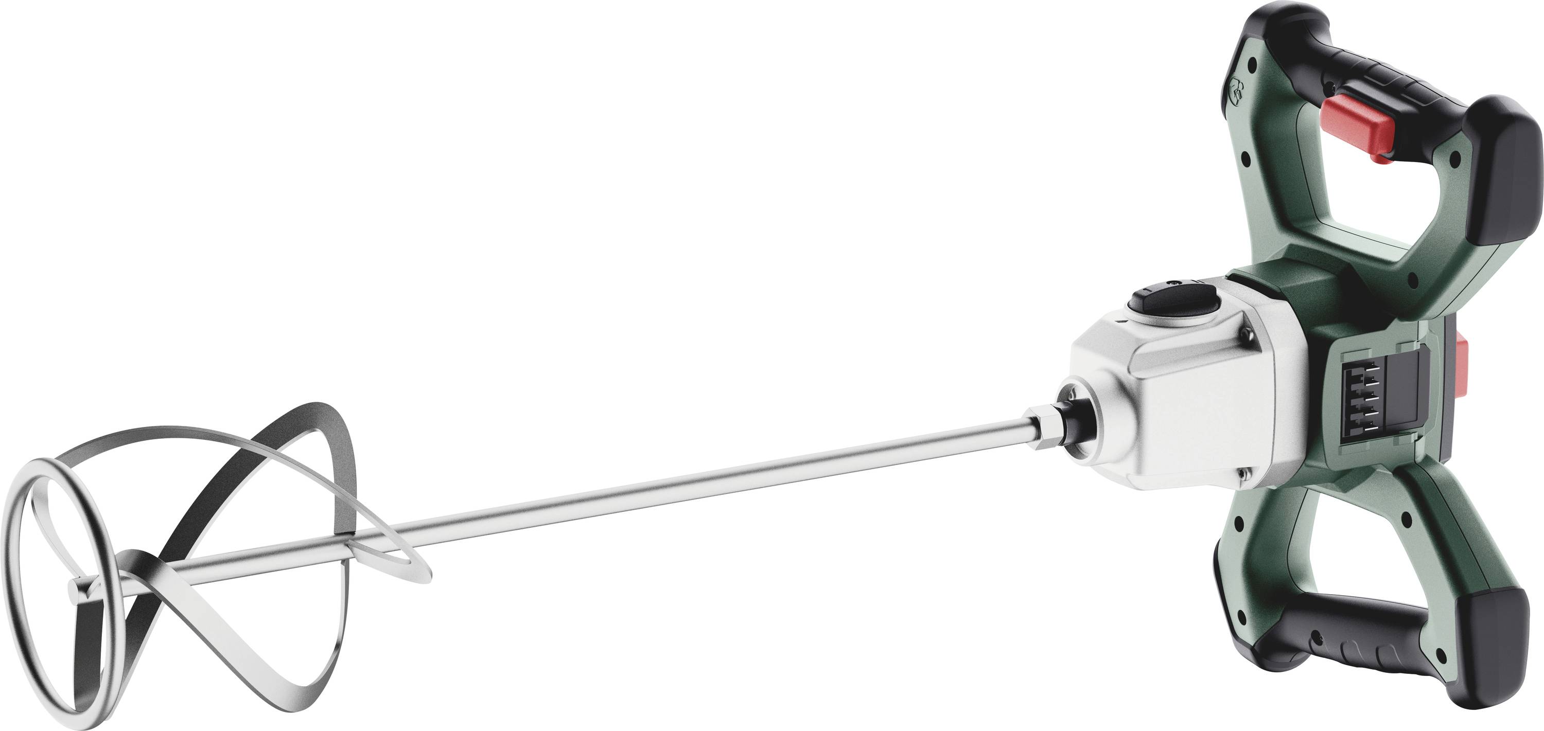 Ein elektrisches Rührgerät mit einem grünen Griff und einer spiralförmigen Mischschaufel. Geeignet zum Mischen von Baumaterialien.