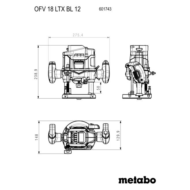 Technische Zeichnung eines Metabo OFV 18 LTX BL 12 Werkzeugs, die Vorder-, Seiten- und Draufsicht mit markierten Abmessungen zeigt.