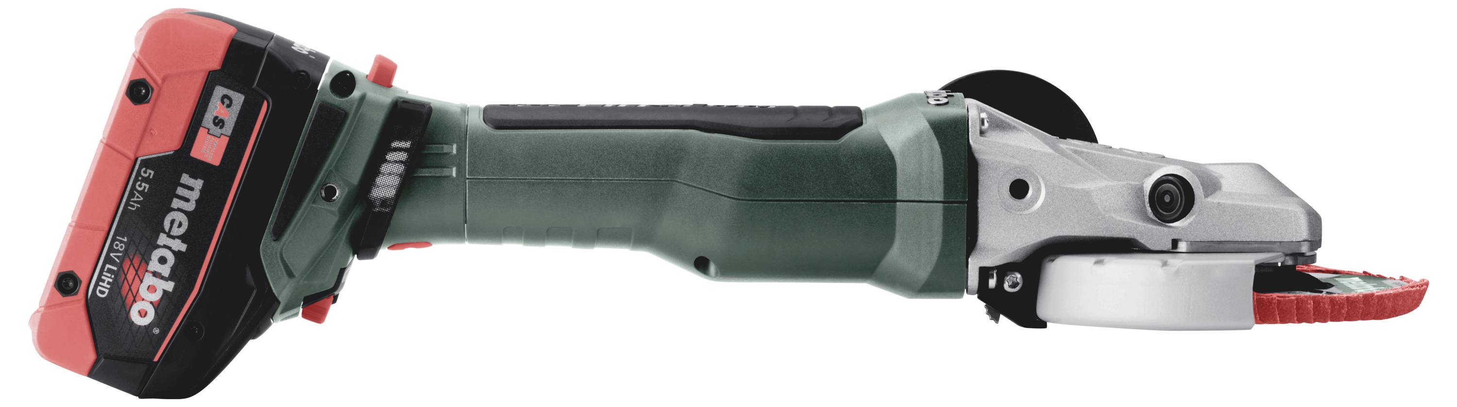 Ein kabelloser Winkelschleifer der Marke Metabo mit rotem Akku, seitlich liegend. Geeignet für Schneid- und Schleifarbeiten.