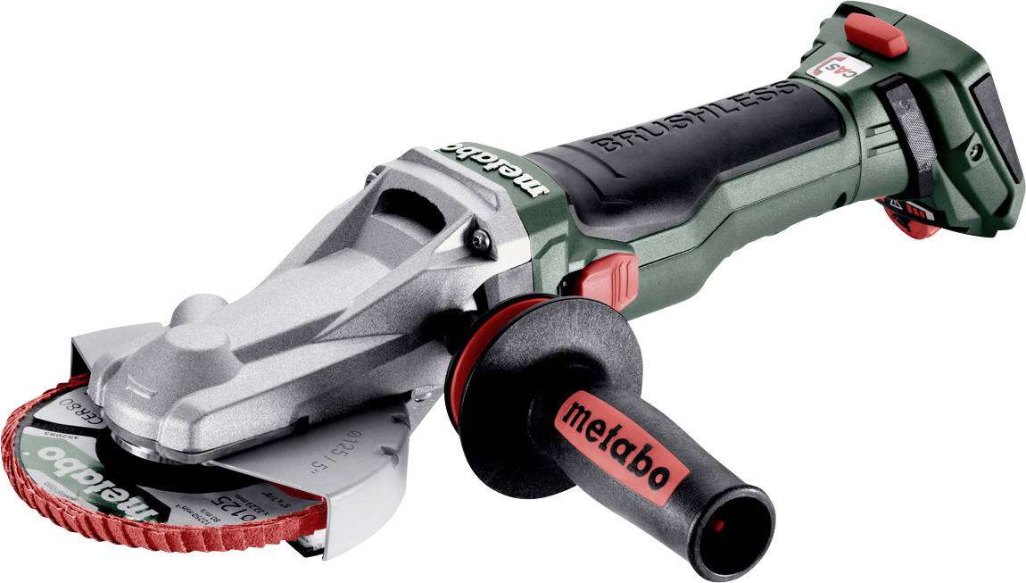 Akkubetriebener Winkelschleifer mit Metabo-Logo, grün-schwarz, mit ergonomischem Griff und roter Schleifscheibe, für handwerkliche Arbeiten.