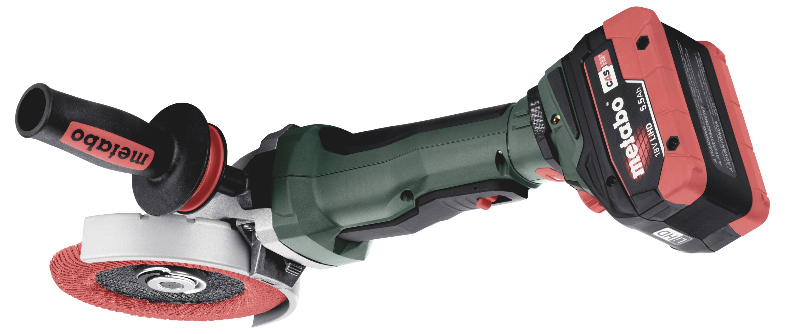 Eine grüne und rote Metabo-Akku-Winkelschleifmaschine mit robustem Griff und rotem Schleifteller, geeignet für präzises Schneiden und Schleifen.