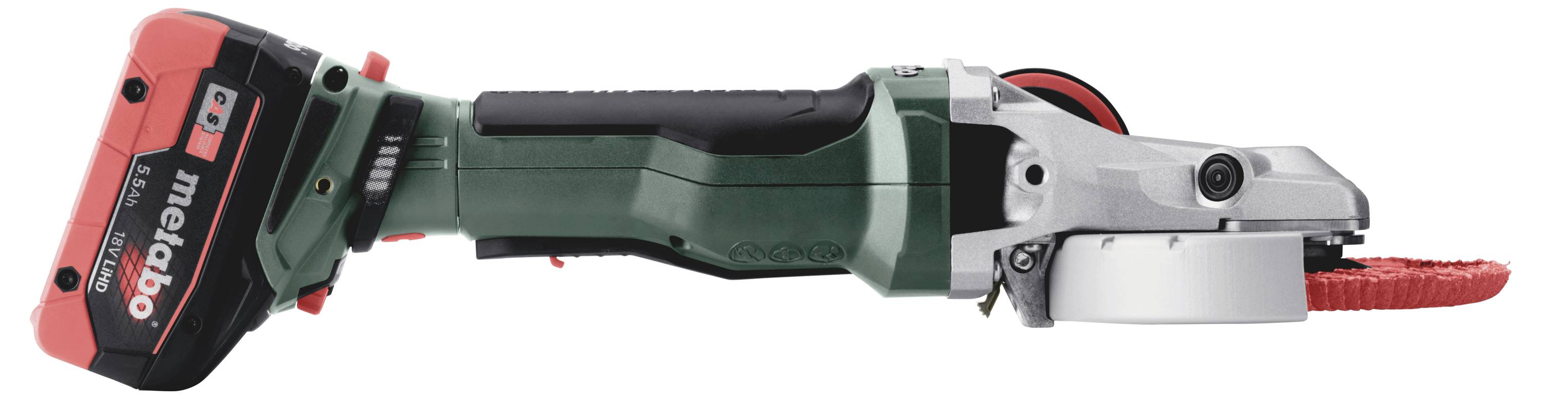 Ein handgehaltener Winkelschleifer mit rotem Akku und grünem Griff, von der Seite betrachtet.