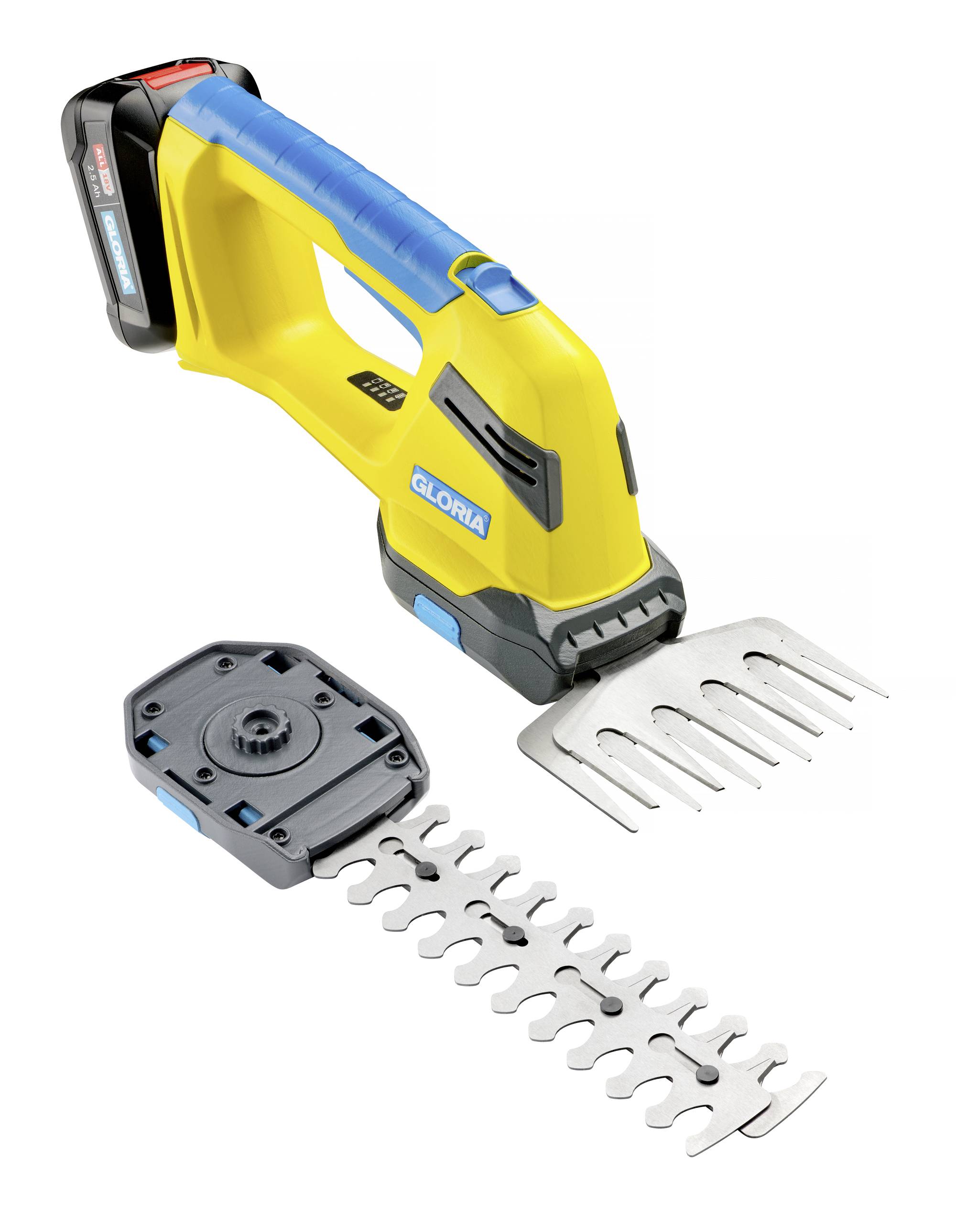 'Akku-Gras- und Strauchschere' in Gelb mit blauem Griff, Wechselklingen für Gräser und Sträucher, kabellos, kompakt für Gartenpflege.