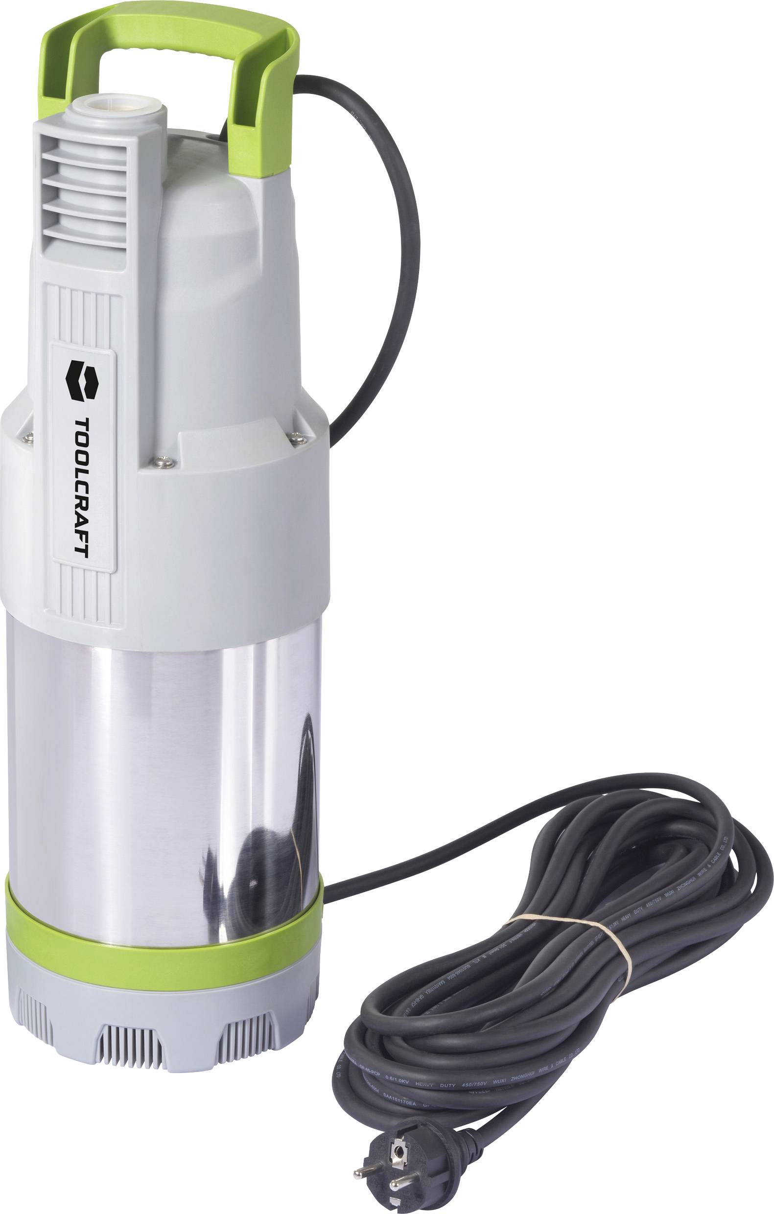 Grau-grüne Tauchpumpe mit einem Stromkabel, geeignet für die Entwässerung und Wasserförderung in Garten- oder Haushaltsanwendungen.