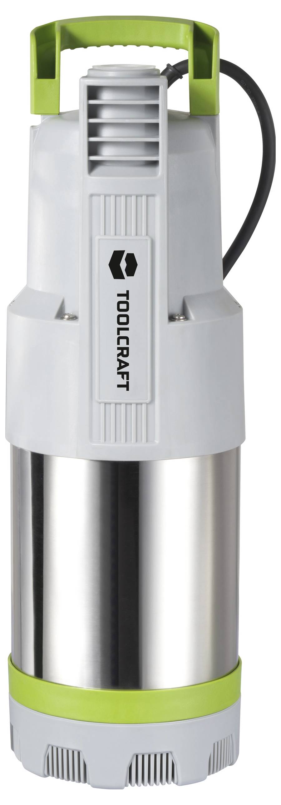 Eine silberne Pumpe mit grünem und weißem Gehäuse, die Marke 'Toolcraft' ist auf der Vorderseite sichtbar.