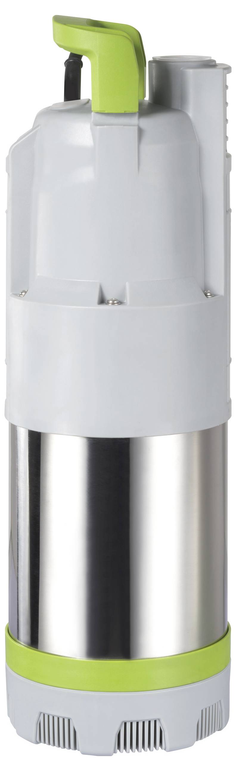 Graue und grüne Tauchpumpe zum Fördern von Wasser mit silbernem Metallgehäuse.