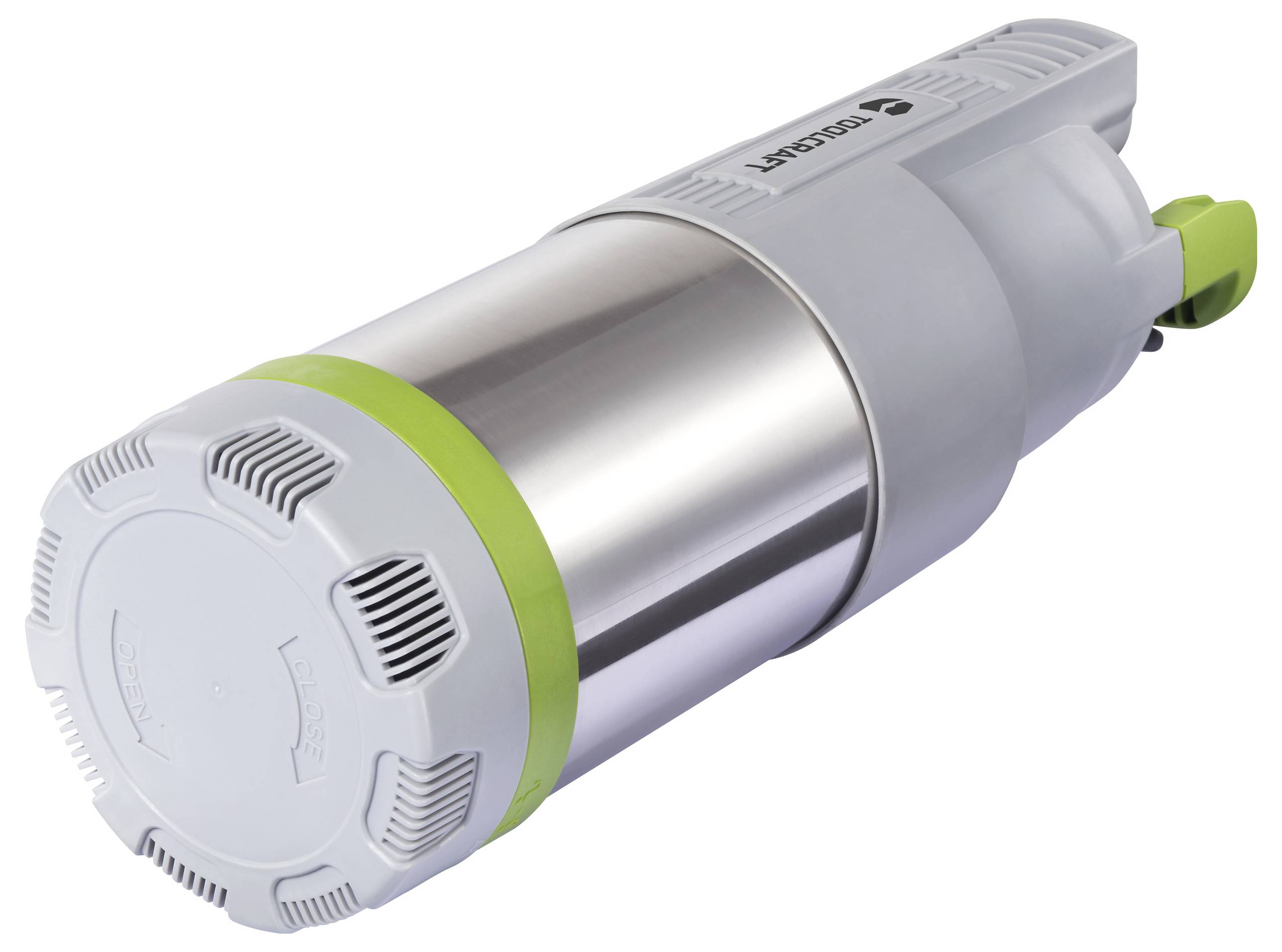 Metallischer Zylinder mit grauen und grünen Akzenten, möglicherweise ein technisches Gerät oder Werkzeug.