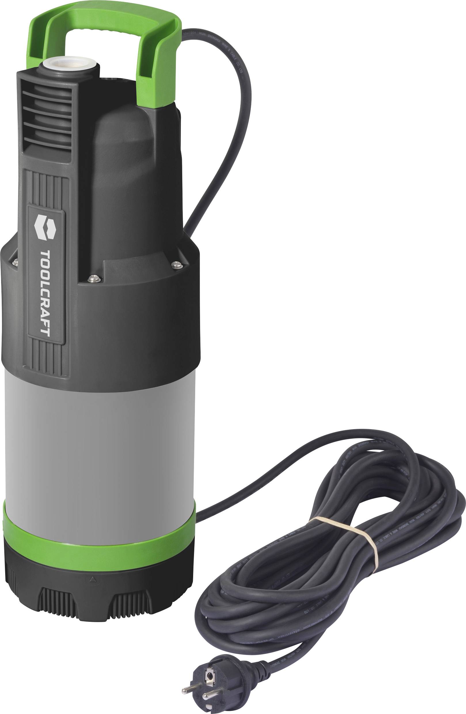 Eine Tauchpumpe mit grünem Griff und einem langen schwarzen Netzkabel, entwickelt zum Übertragen oder Entfernen von Wasser aus verschiedenen Bereichen.