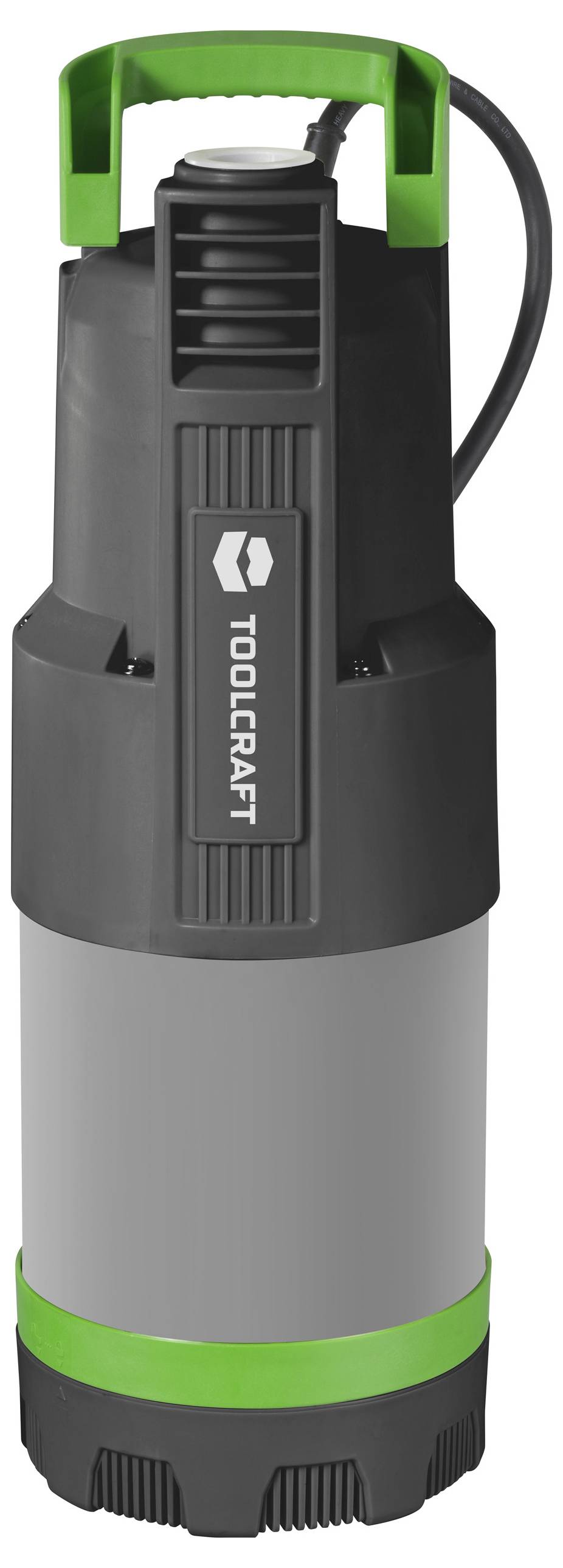 Eine schwarze und graue Tauchpumpe mit grünen Akzenten und einem 'TOOLCRAFT' Logo auf der Vorderseite.