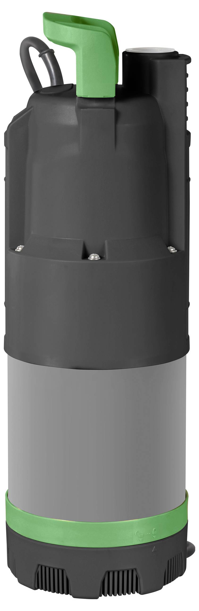 Eine schwarze und graue Tauchpumpe mit einem grünen Griff, die zum Entfernen von Wasser aus überfluteten Bereichen oder zum Ablassen von Pools verwendet wird.