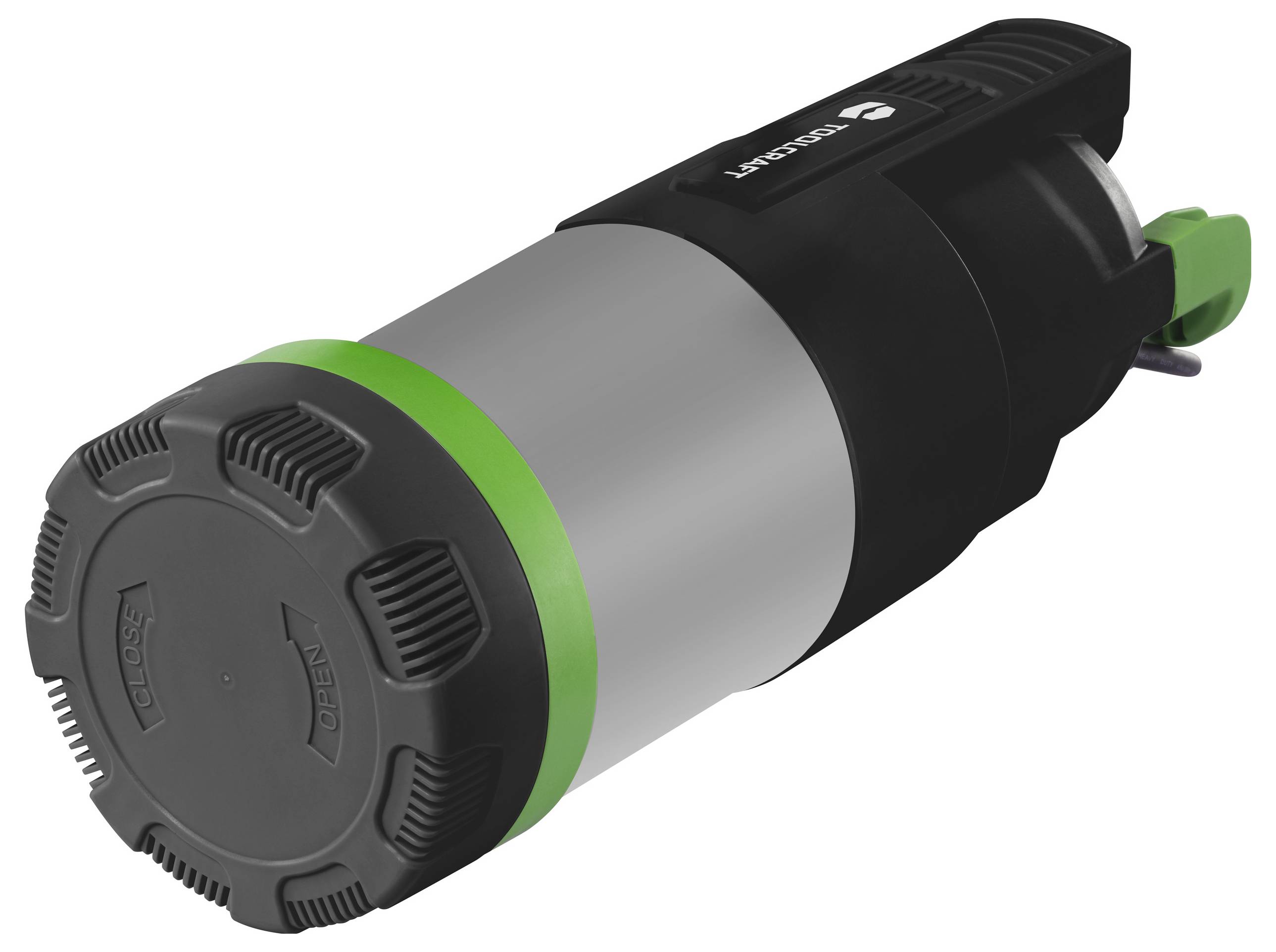 Tragbare Gaskartusche in Schwarz und Grün, mit Drehverschluss.