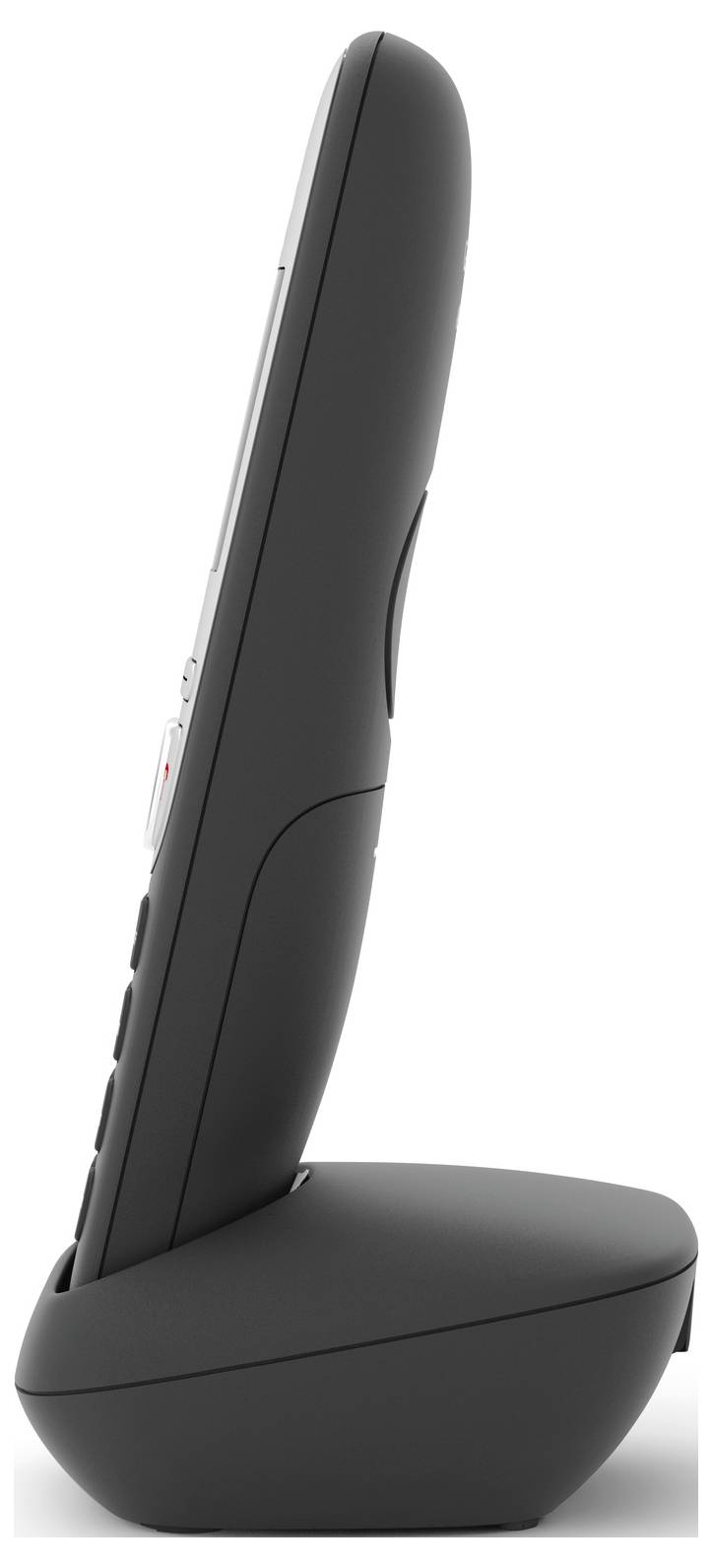 Ein schwarzes schnurloses Telefon seitlich auf seiner Basisstation stehend, zeigt das schlanke Design und die einfache Handhabung.