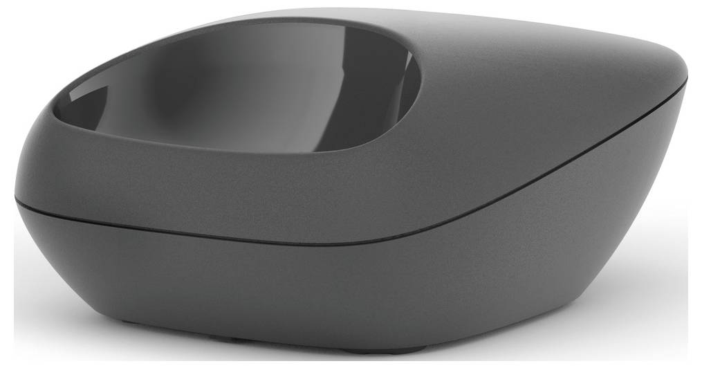 Graue, modern gestaltete Schale mit breitem, flachem Rand und vertiefter Innenfläche.