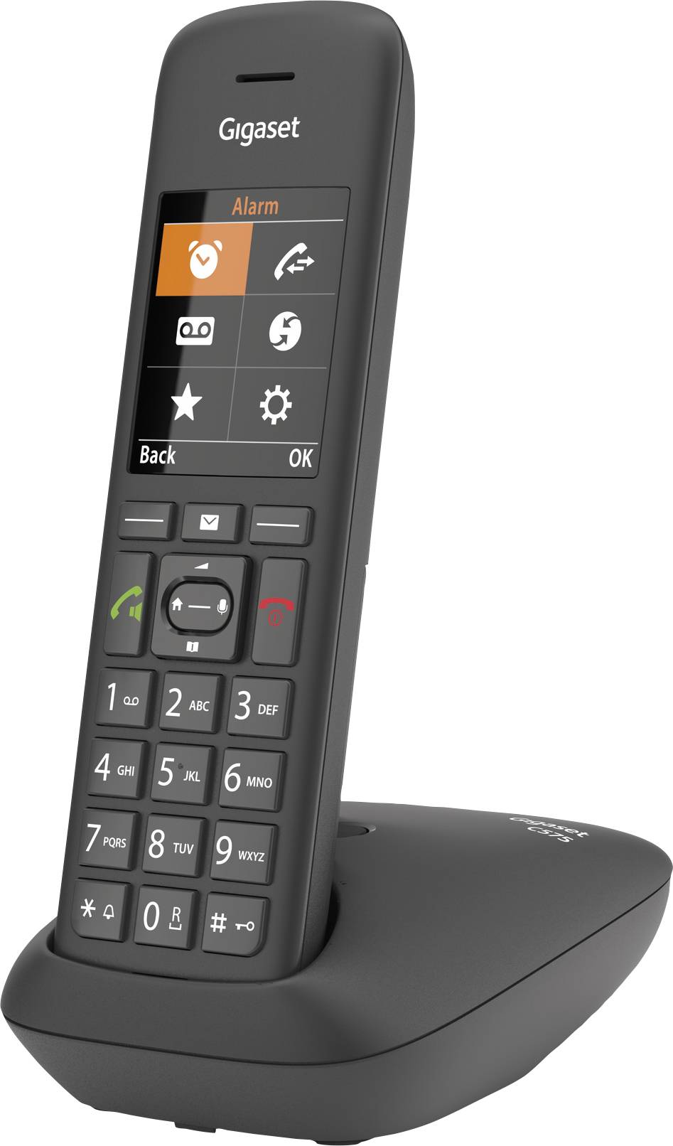 Schnurloses schwarzes Telefon mit Tastenfeld und kleinem Farbdisplay, das verschiedene Funktionen wie 'Alarm' zeigt, steht auf einer Basisstation.