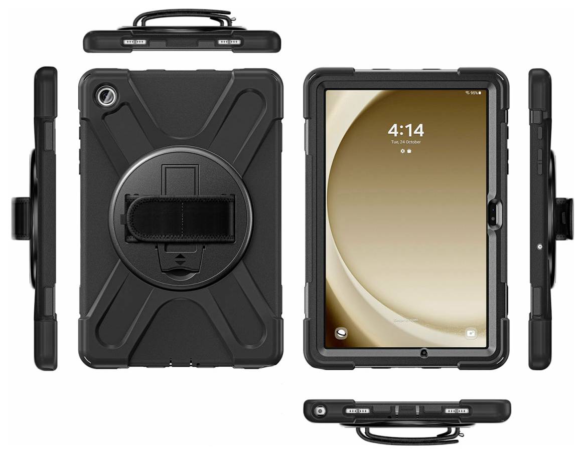Tablet in schützendem schwarzen Gehäuse mit Griff und drehbarem Ständer, Vorder- und Rückansicht, zeigt Uhrzeit 4:14, batteriebetrieben.