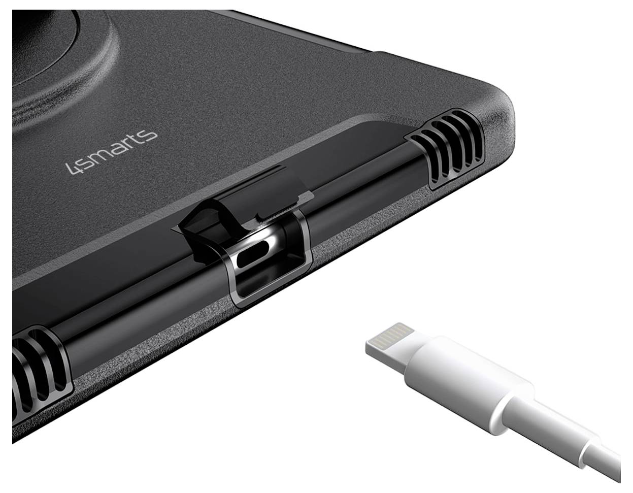 Nahaufnahme einer schwarzen elektronischen Hülle mit einer USB-C-Anschlussöffnung. Ein weißes Ladekabel liegt daneben.