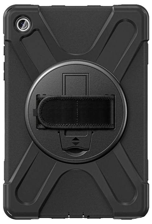 Schwarze robuste Tablet-Hülle mit integriertem Griff und Drehmechanismus zur einfachen Handhabung.
