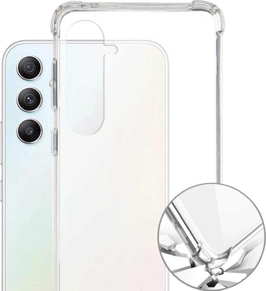 Transparente Handyhülle mit verstärkten Ecken für besseren Schutz. Geeignet für ein Smartphone mit drei Kameralinsen auf der Rückseite.