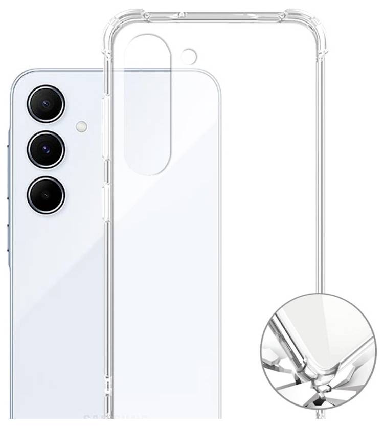 Transparente Handyhülle mit verstärkten Ecken, geeignet für ein Smartphone mit drei Kameras auf der Rückseite.