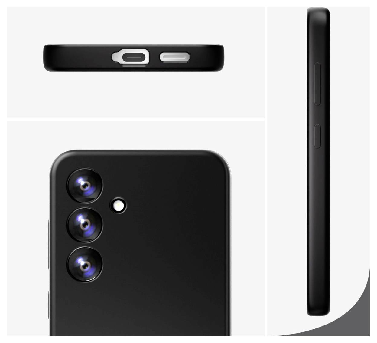 Schwarzes Smartphone von vier Seiten gezeigt: Rückseite mit drei Kameras, Oberseite mit Anschluss, und seitliches Profil.