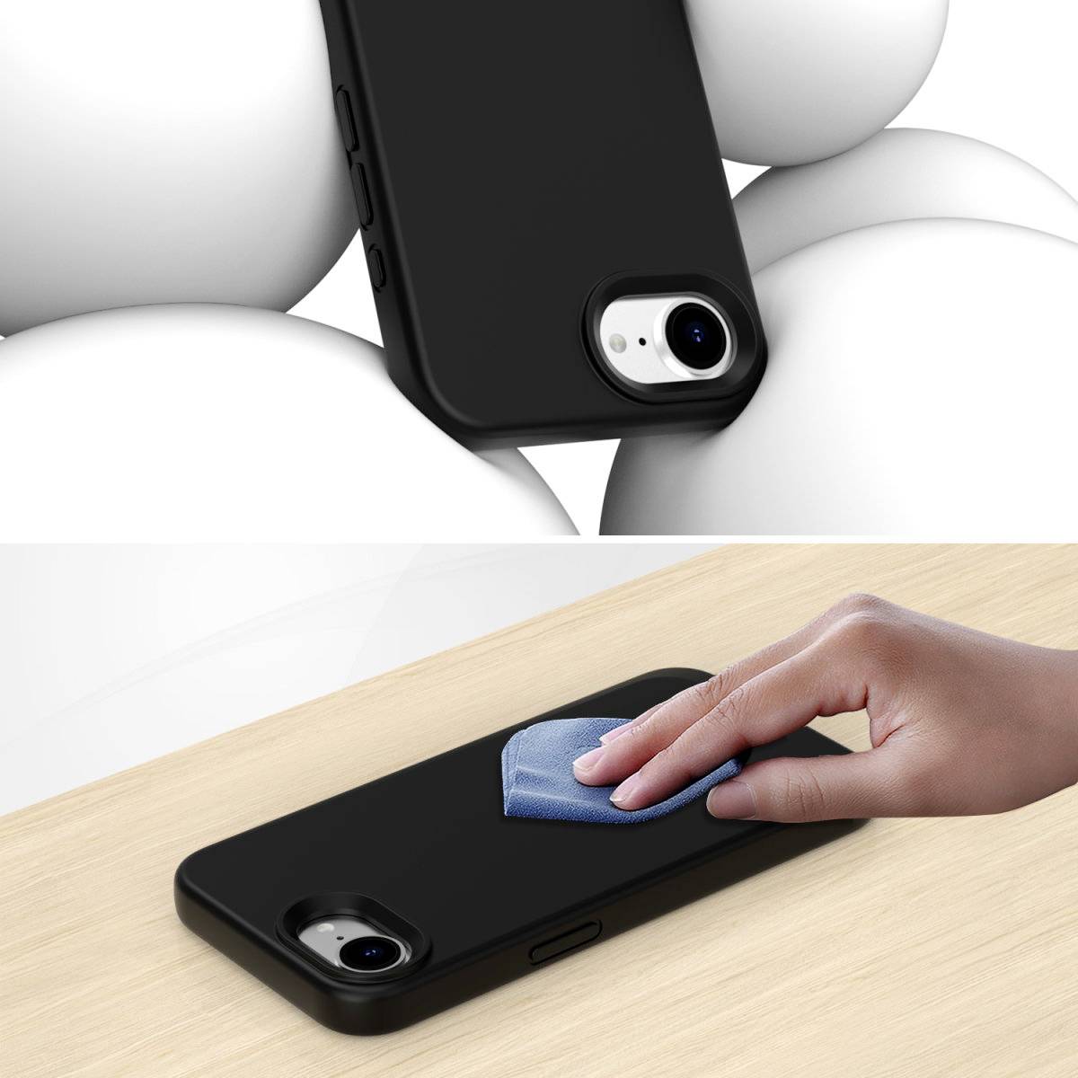 Schwarzes Smartphone auf Holztisch; Hand wischt die Rückseite mit einem Tuch ab.