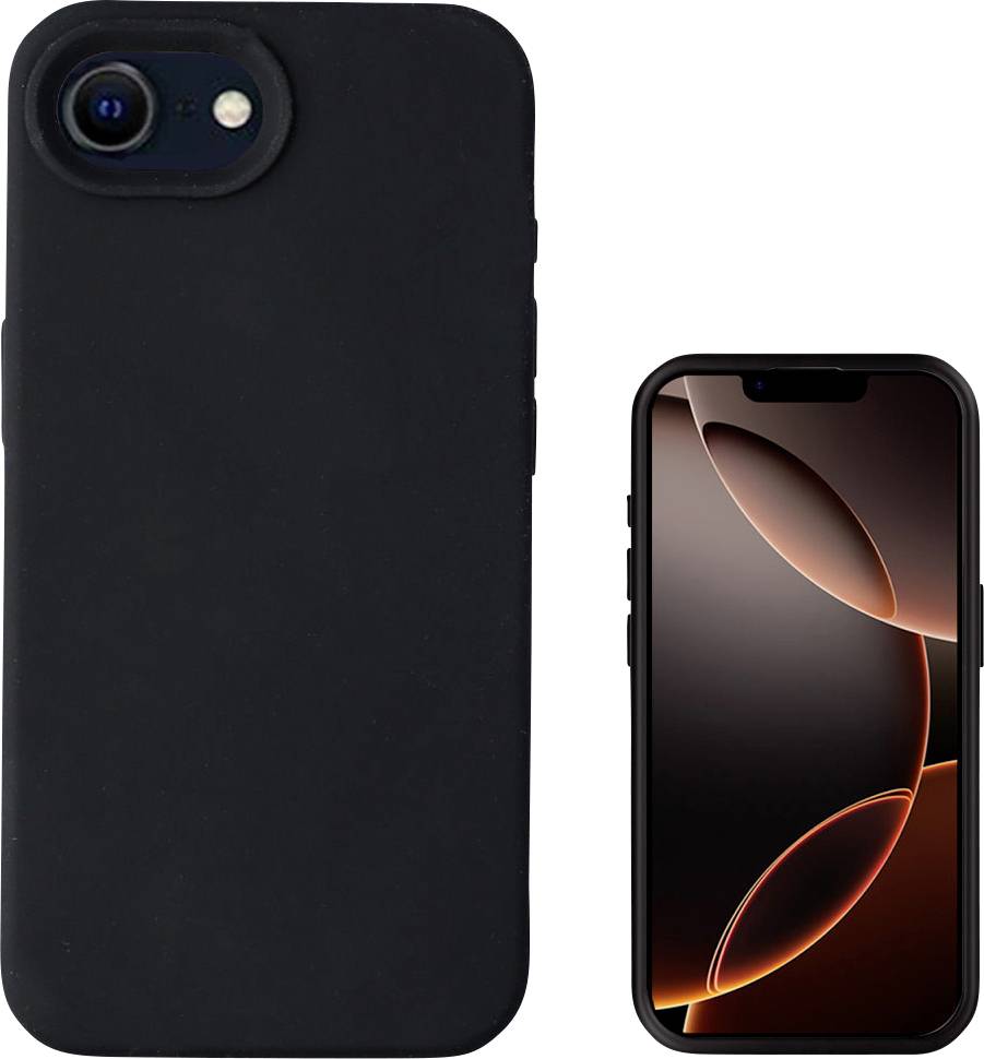 Smartphone in schwarzer Hülle von hinten und Bildschirm mit orangenem Design von vorne gezeigt.