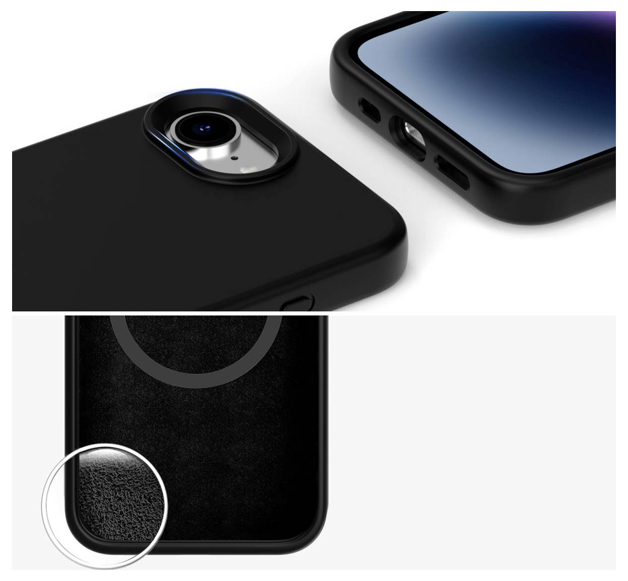 Ein schwarzes Smartphone-Case mit schützendem Rand und präzisen Aussparungen für Kamera und Anschlüsse. Innen weiches Material für Stoßabsorption.