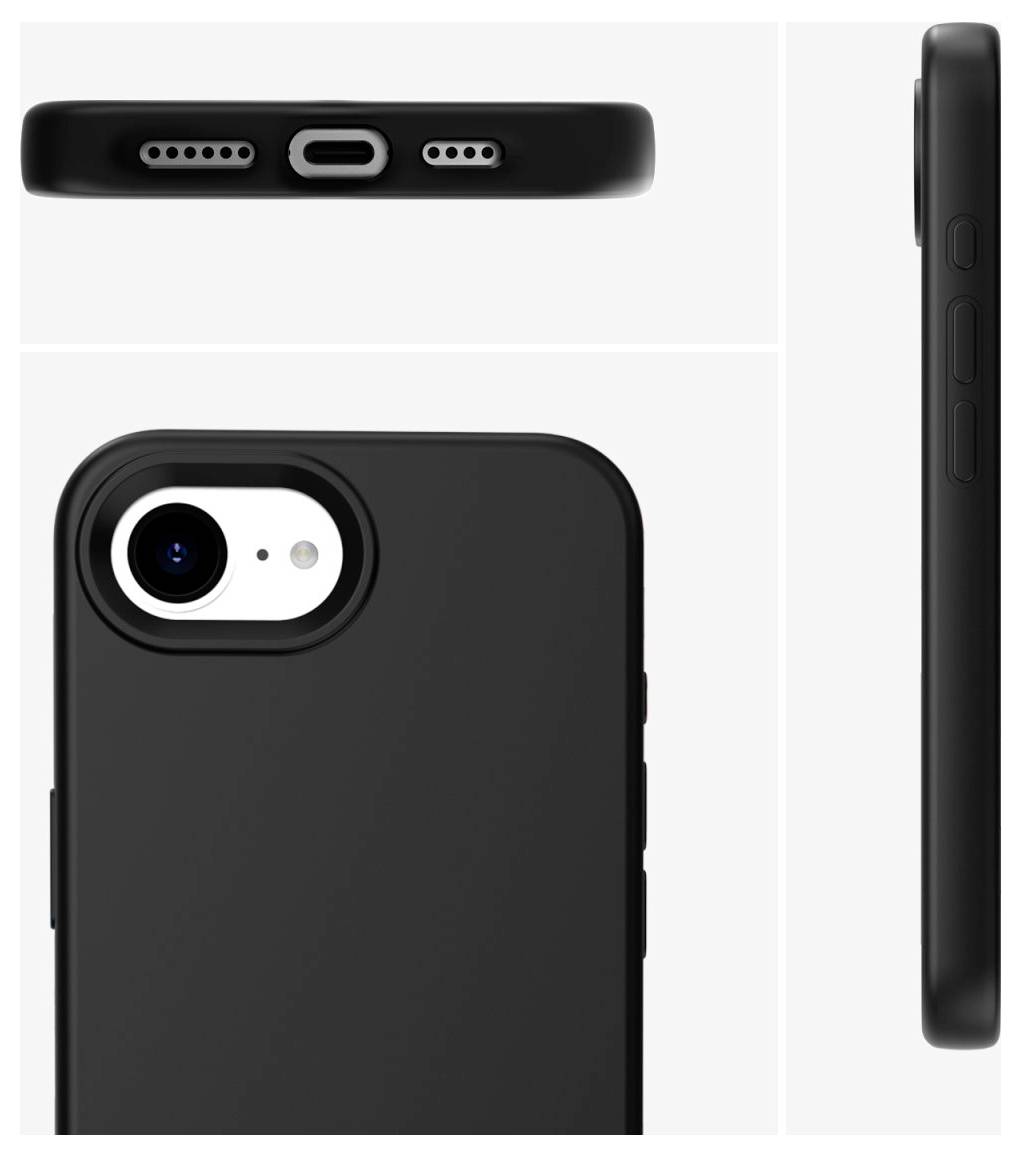 Schwarze Handyhülle in Nahaufnahme von verschiedenen Perspektiven: Rückseite mit Kameraaussparung, seitliche Tasten und untere Anschlüsse.