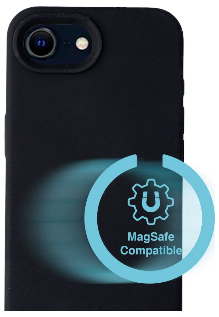 Ein schwarzes Smartphone mit einer Hülle, die als 'MagSafe Compatible' gekennzeichnet ist.
