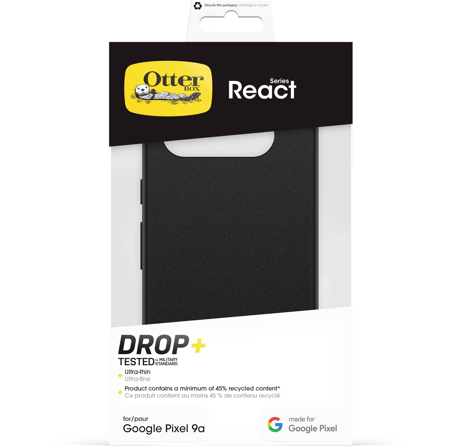 Schwarzes Smartphone-Case von Otterbox, Serie 'React', für Google Pixel 9a. Hergestellt aus mindestens 45 % recyceltem Material.