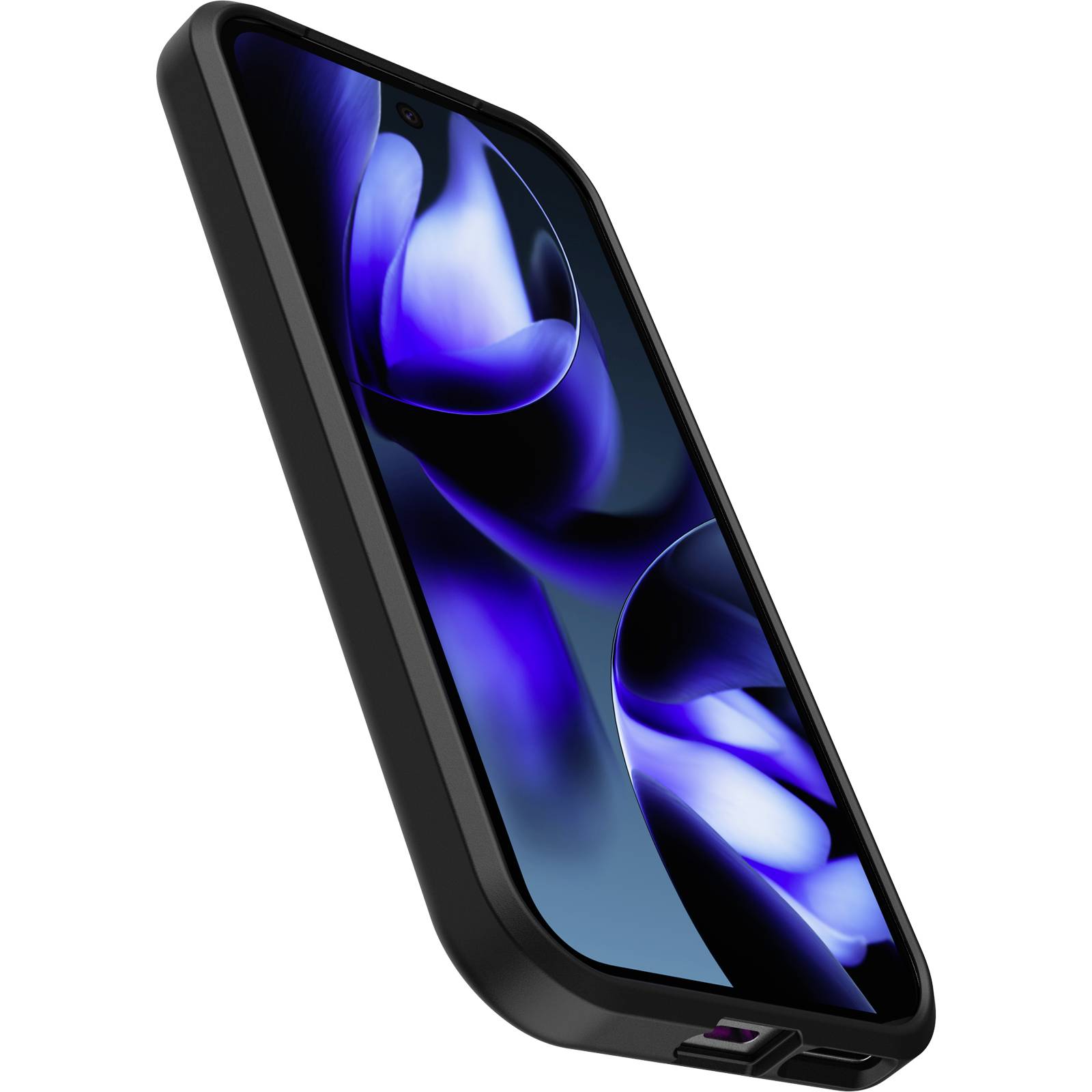 Smartphone mit schwarzem Rahmen, zeigt ein blaues, abstraktes Muster auf dem Display.