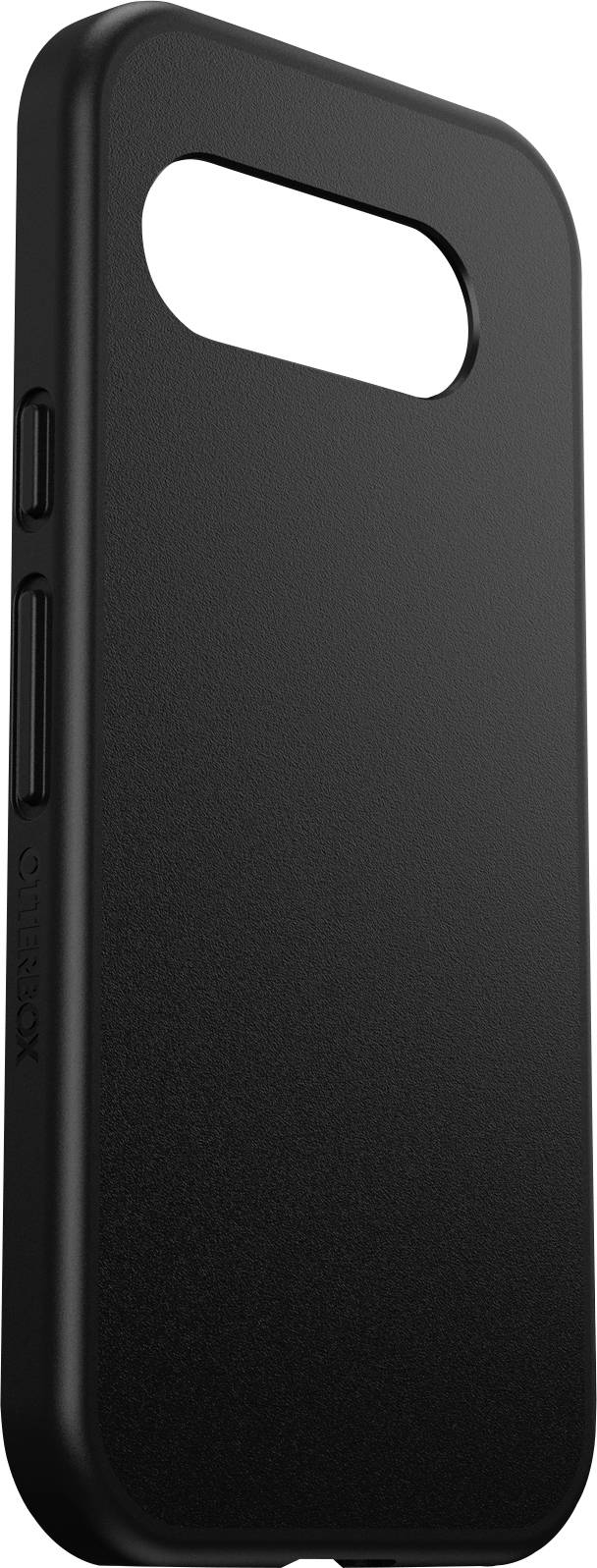 Schwarze Handyhülle in seitlicher Ansicht. Dünnes, schlichtes Design mit Aussparungen für Kamera und Tasten.